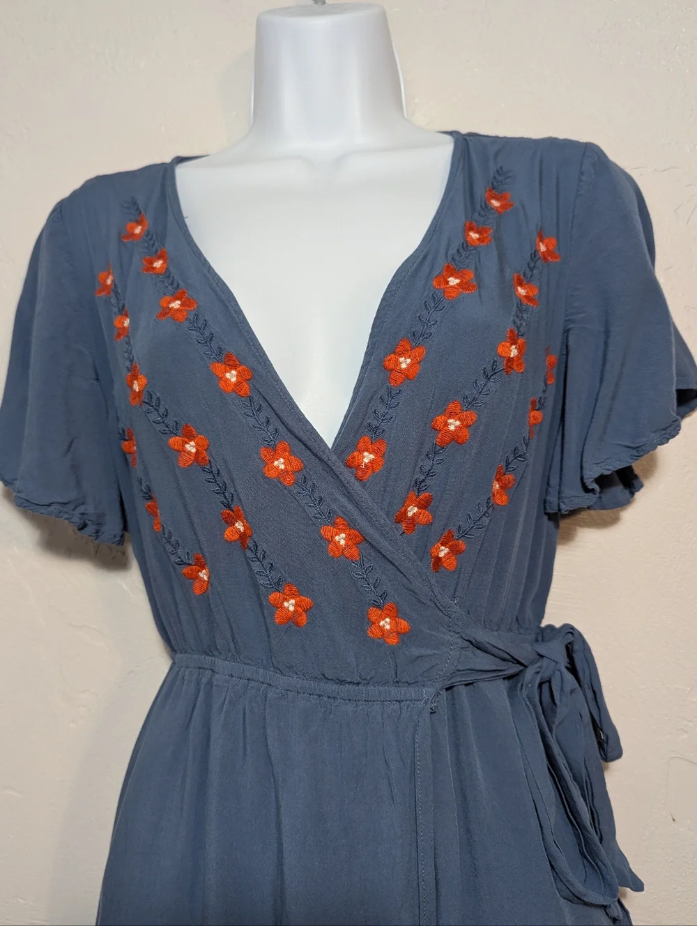 Blue Cottagecore Wrap Dress Boho Floral Embroidery Flowy Hippie Casual Summer